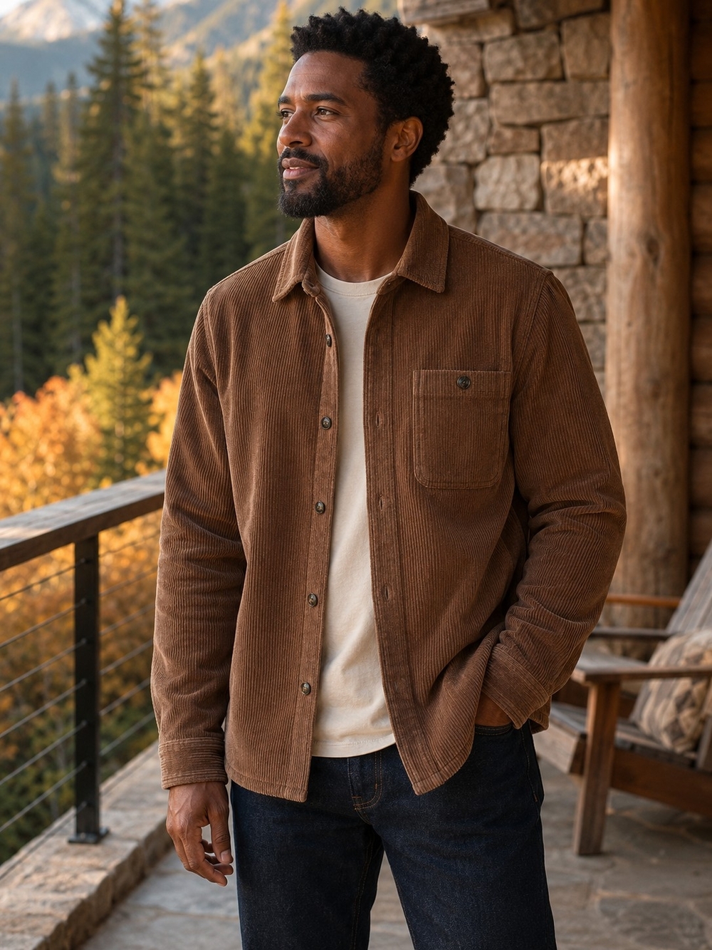 Marine Layer Max Stretch Corduroy Overshirt Chestnut Brown Larger Shirt Jacket